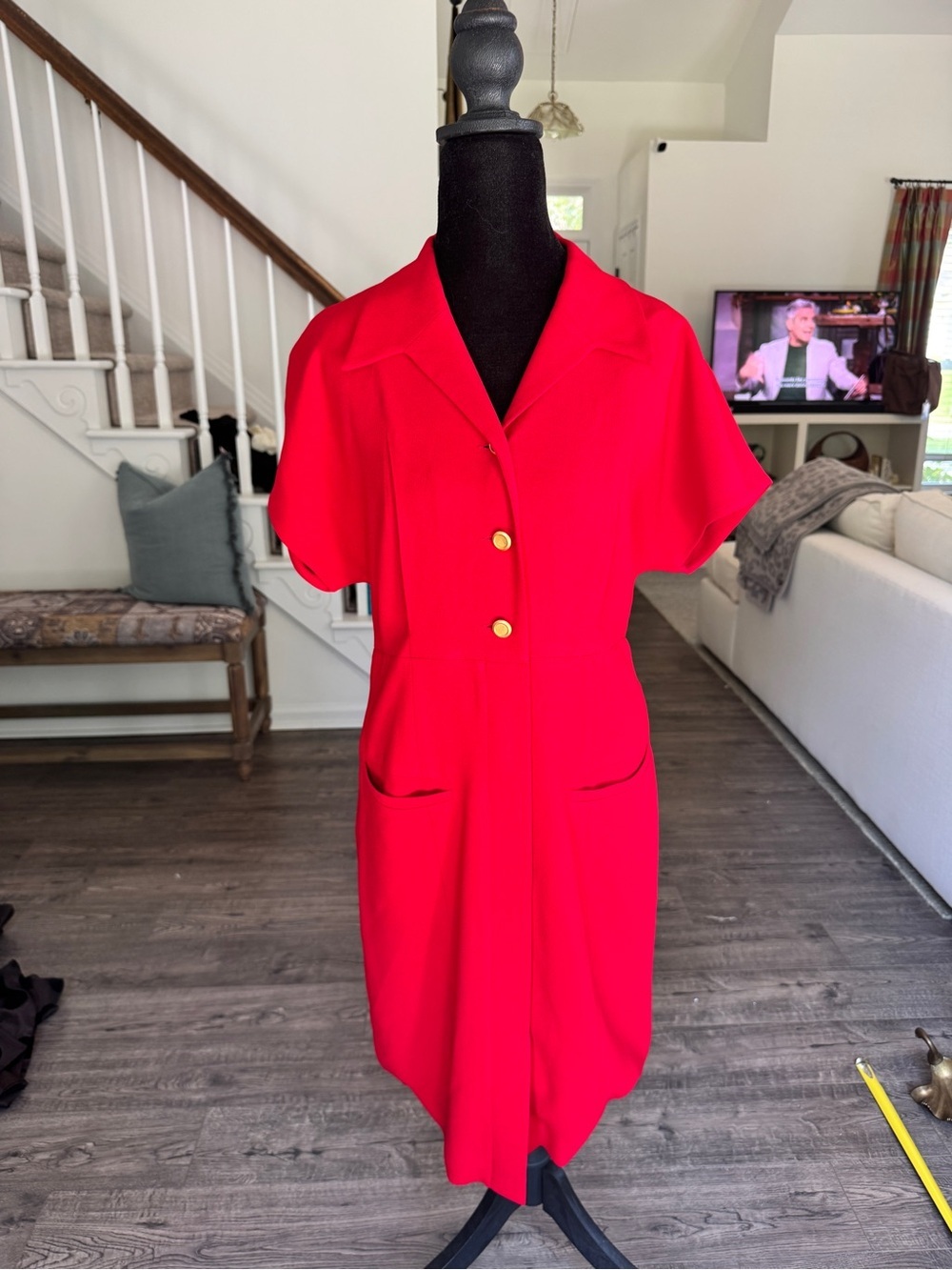 Liz Claiborne Bright Red Midi Dress with Gold Buttons